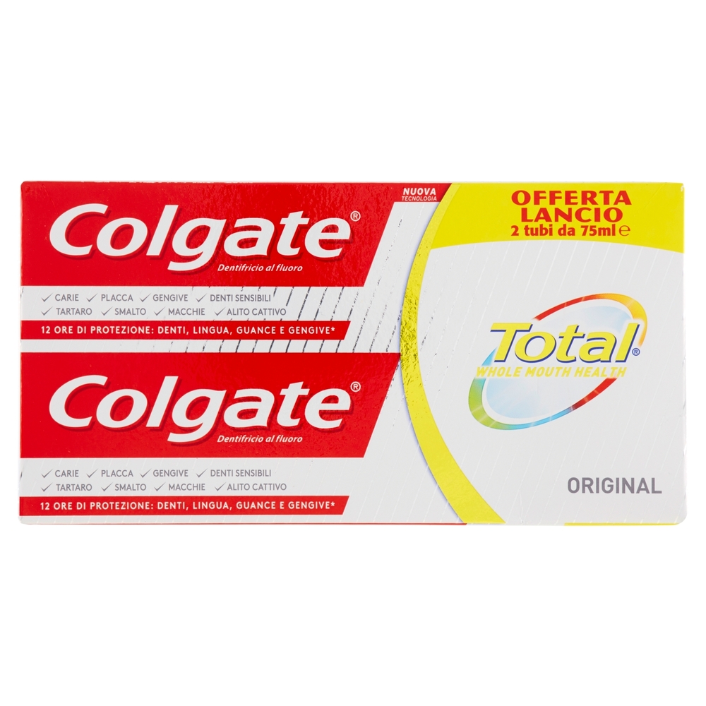 Colgate dentifricio Total Original, protegge dai batteri lingua, guance e gengive bitubo 2x75ml